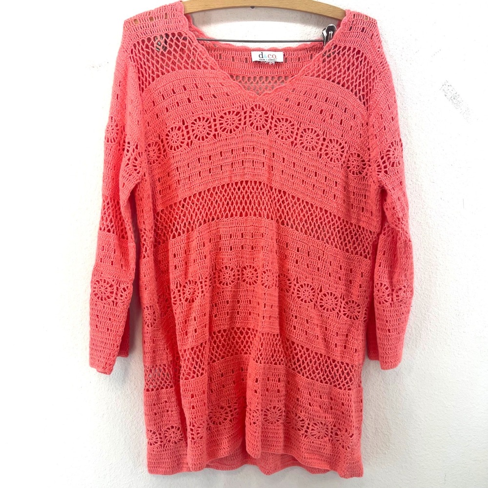 D&Co Coral Crochet Dress M Cover Up Swim V Neck Bell Sleeve Tunic Beach Vacation